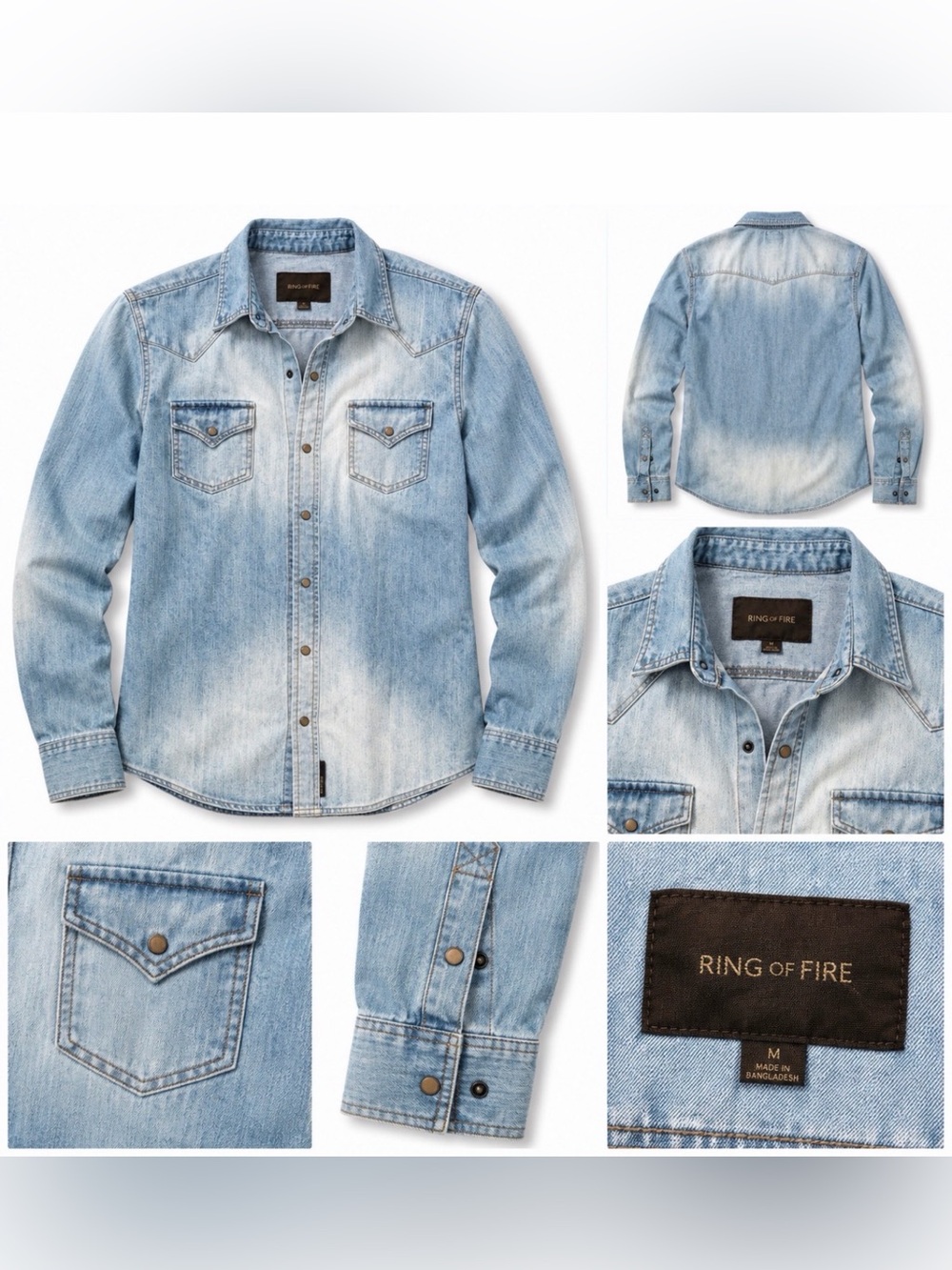 Ring of Fire Men’s Medium Light Wash Denim Western Snap Shirt